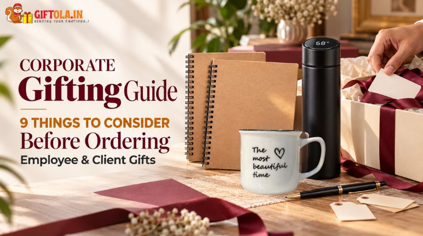 Corporate gifting guide featuring personalized notebooks, a travel bottle, a coffee mug, and gift boxes for employees and clients by Giftola.