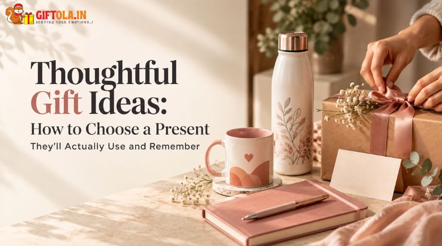 Thoughtful gift ideas featuring a decorative mug, insulated bottle, notebook, pen, and beautifully wrapped present with a ribbon.