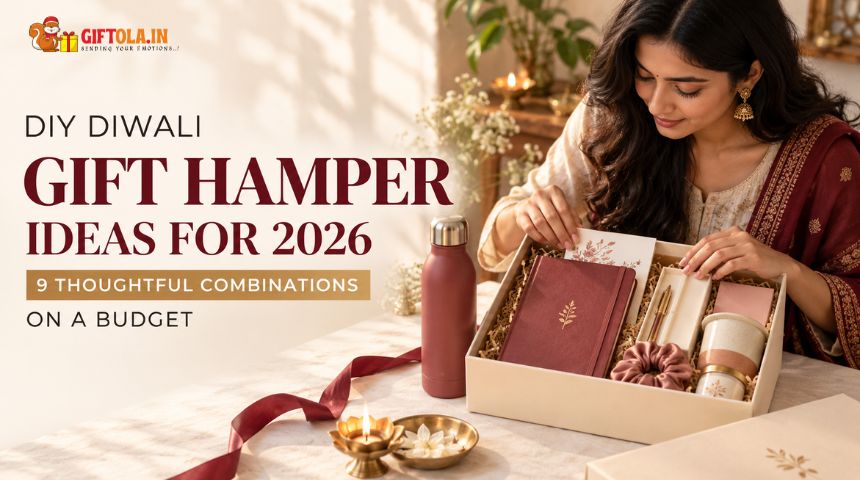 DIY Diwali gift hamper ideas for 2026 featuring a festive gift box with a notebook, bottle, mug, and decorative accessories on a budget.
